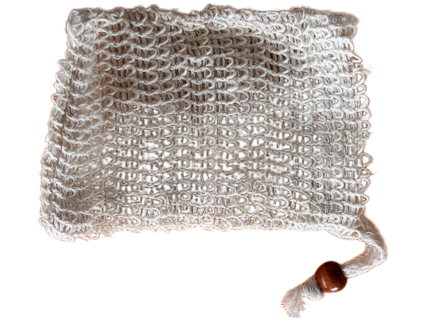 Textured woven bag with a wooden bead on a white background