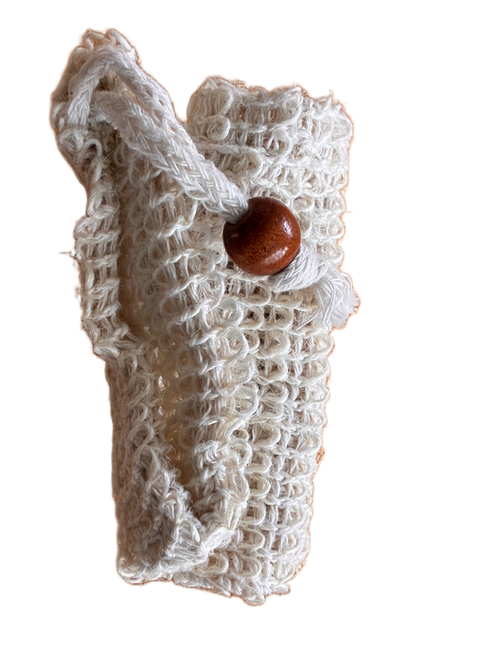 Handmade lace pouch with a wooden button on a white background