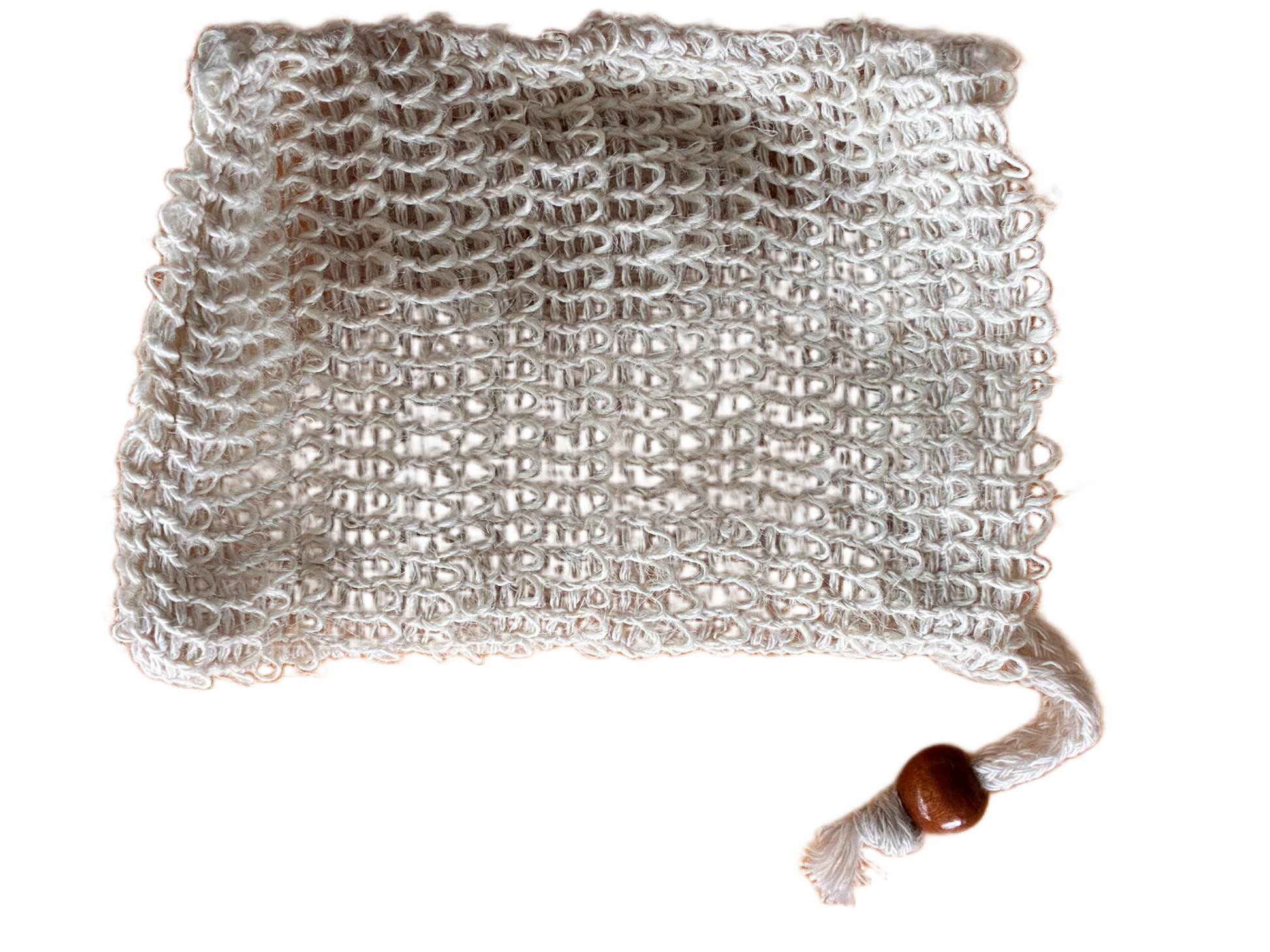 Textured woven bag with a wooden bead on a white background