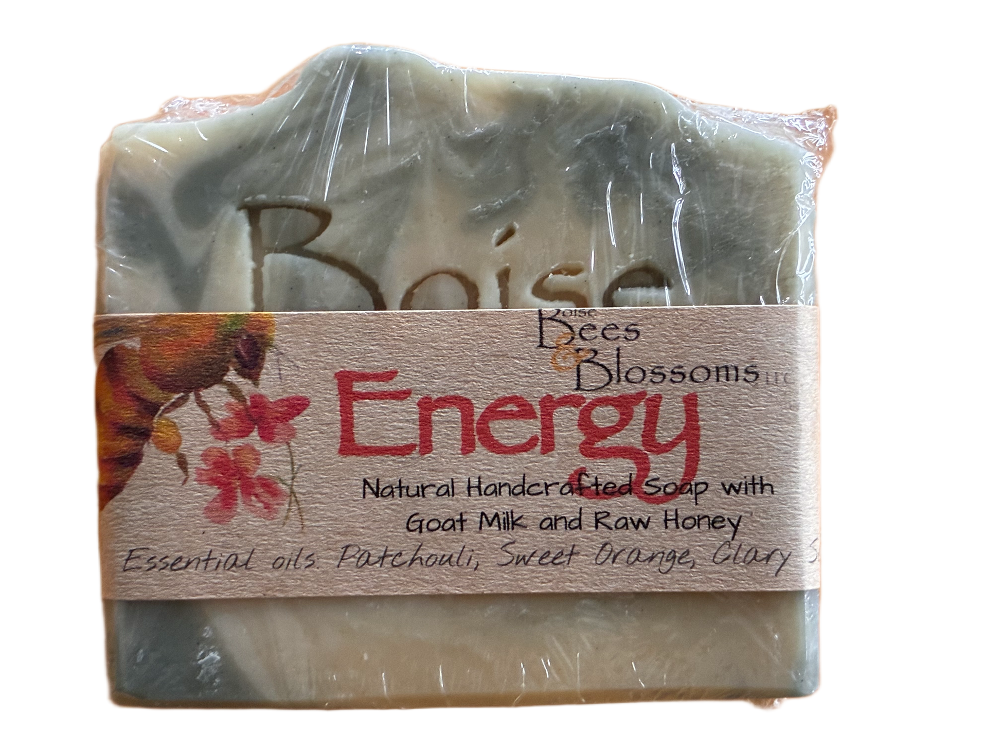 Energy bar of soap with a label on a white background