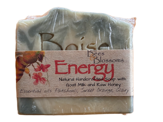 Energy bar of soap with a label on a white background
