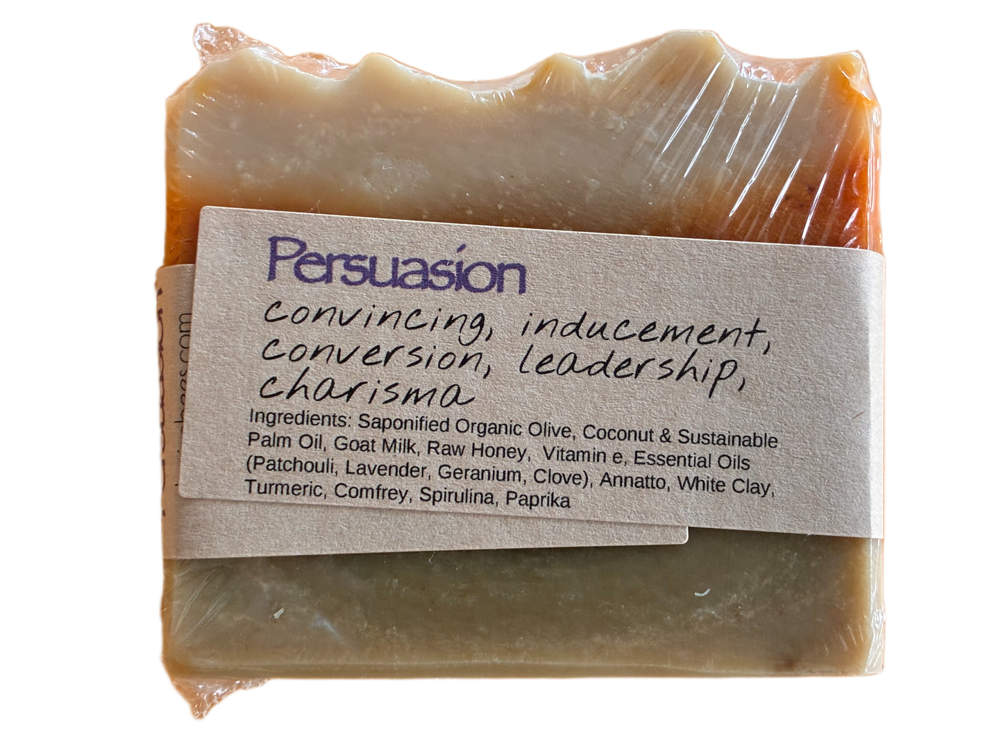 Bar of soap with a Persuasion label on a white background